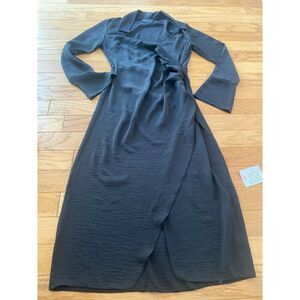 NWT Asos Design women's Black collared Wrap Maxi Dress With Long Flared Sleeve 8